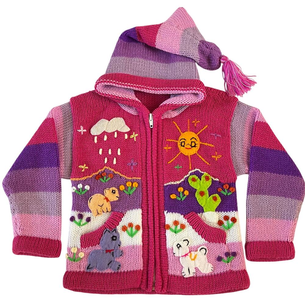 Peruvian Cardigan Sweater appliqué zip up girls size 4 Pink purple
